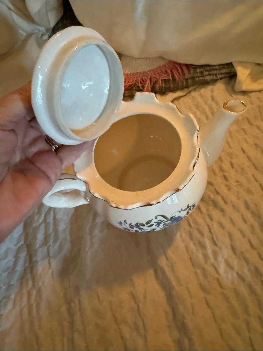Classic Floral Ceramic Teapot in White with Blue Rose Accents